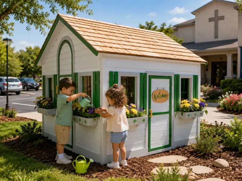 Children water plants beside the Activity Center playhouse in an outdoor garden setting.