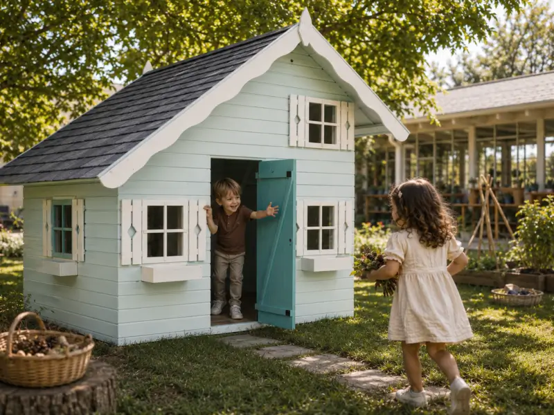 Children enjoy playing together in a sunny outdoor yard near the Rivelle Charming Chalet playhouse.