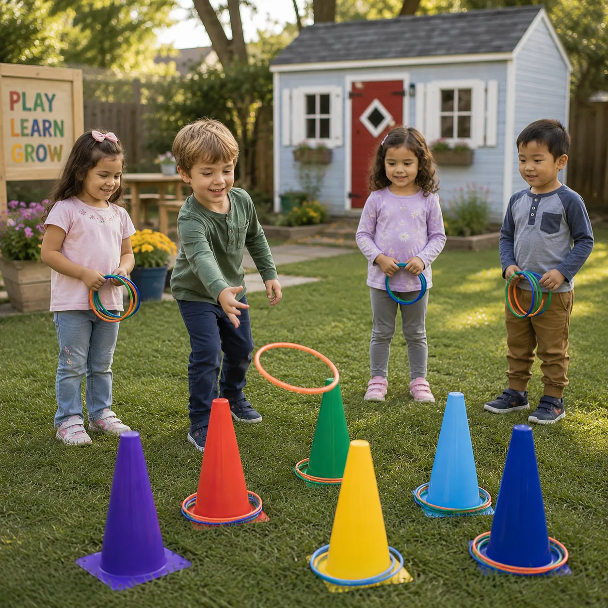 Children learning cooperation and sportsmanship through ring toss in front of the Little Farmhouse playhouse.
