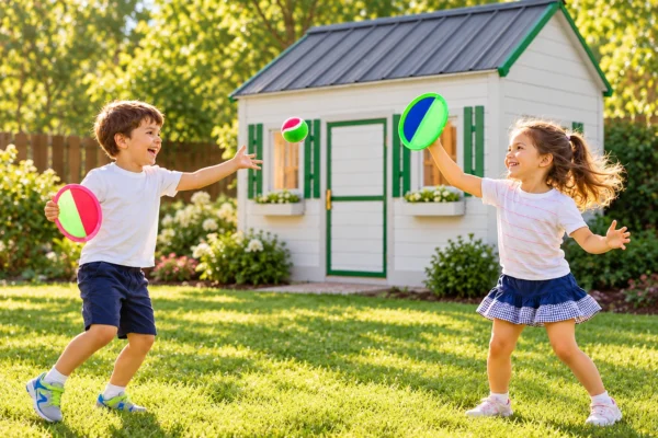 Toss and catch games in front of a Rivelle 8x8 outdoor playhouse.