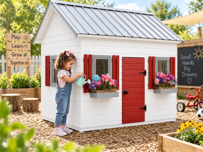 Child watering planter at the Kids Kottage Rivelle playhouse in a sunny garden.