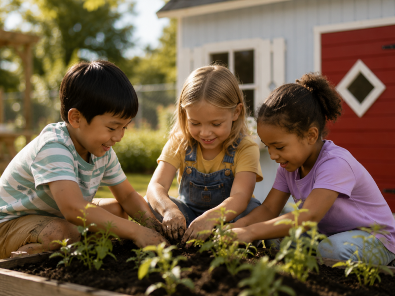 Children enjoying nature-based digging and planting near the Little Farmhouse outdoor learning space.